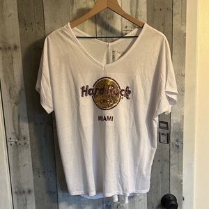 Hard Rock Cafe White Tee with Gold and Purple Logo MIAMI